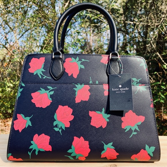 Kate Spade Madison Rose Toss Printed Medium Satchel Handbag Crossbody Strap - Picture 3 of 11